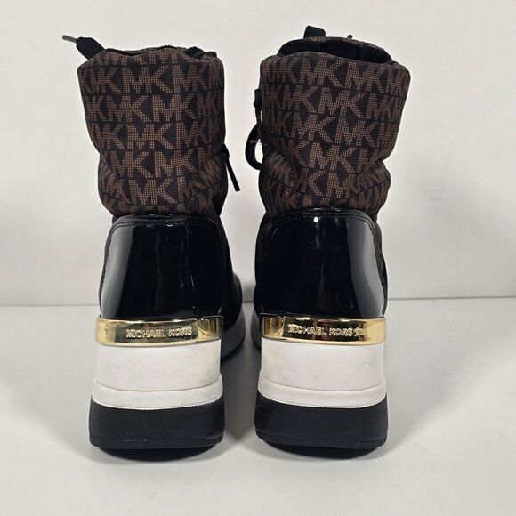 Michael Kors Liv Wedge Booties Womens 5 Black Brown‎ Monogram Soft Knit - Picture 3 of 12